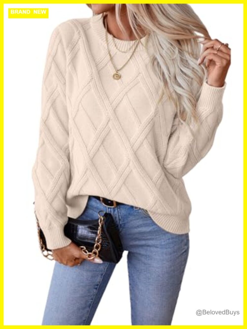 Womens Cable Knit Crewneck Long Sleeve Pullover Sweater Fall Winter